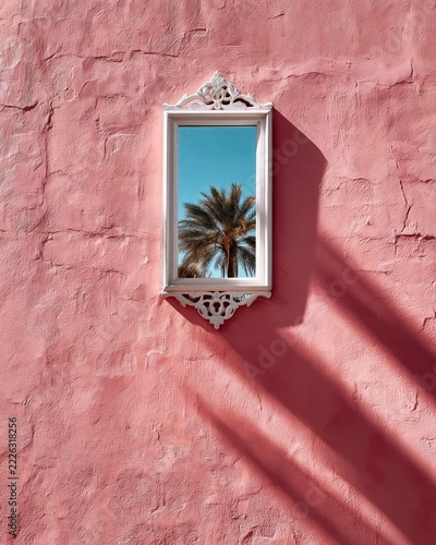 Vintage mirror beautifully reflects a blue sky and palm shadows on a vibrant pink wall, creating an enchanting outdoor scene