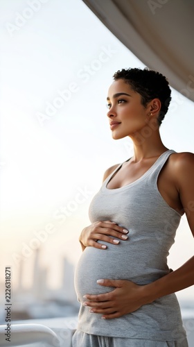Celebrating new life as a pregnant person gazes thoughtfully toward the horizon while embracing joy and anticipation in a serene urban setting