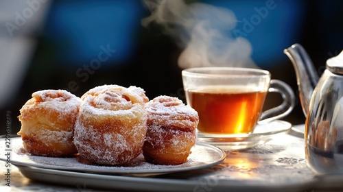 Delightful Tunisian pastries on a silver platter with steaming tea inviting a moment of cultural bliss