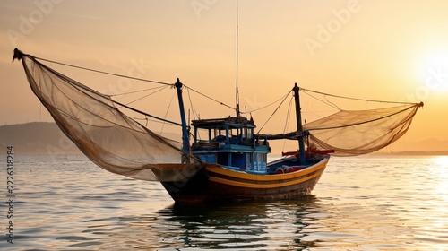 Traditional Vietnamese fishing boat gliding across calm waters at sunset with fishing nets extended wide