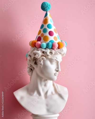 Classic white marble statue adorned with a vibrant party hat against a soft pink backdrop radiating joy and celebration