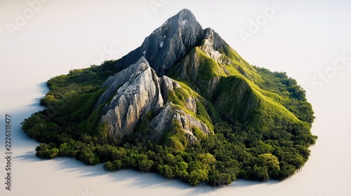 Tropical island miniature landscape captures the beauty of nature in a small, detailed world of lush greenery and rugged mountains