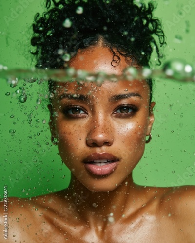Surprised model gazes through shimmering green liquid filled with bubbles