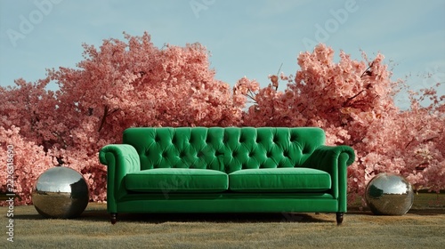 Dreamlike green velvet sofa surrounded by blooming pink flowers under a clear blue sky