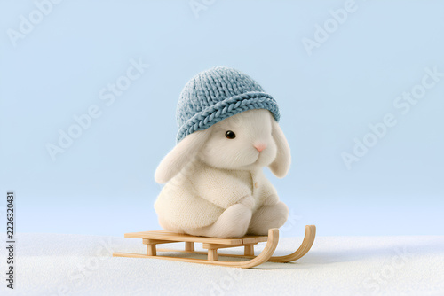 White Bunny Wearing Blue Beanie Hat Sitting on Wooden Sled 