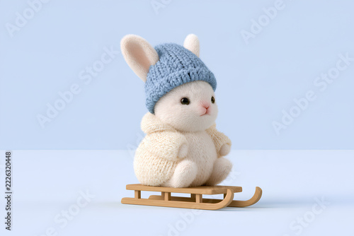 Fluffy Rabbit in Winter Outfit on Miniature Wooden Toboggan 