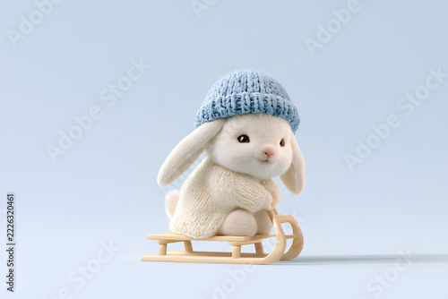 Cute Fluffy Bunny Sledding on Soft Blue Background 