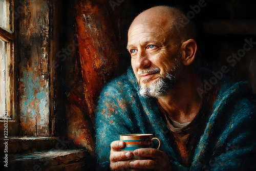 Thoughtful senior man with coffee by the window.