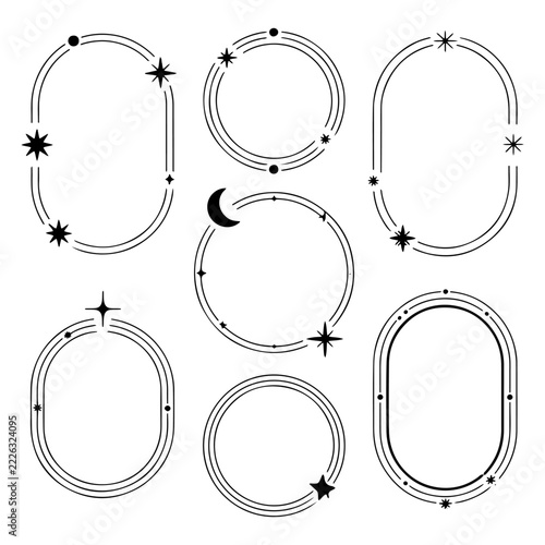 Decorative black and white frames with celestial motifs perfect for creative projects and graphic design