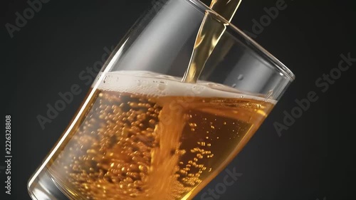 Golden Beer Pouring into Glass with Foam and Rising Bubbles