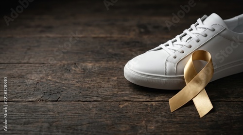 Awareness White Sneaker with Gold Ribbon on Dark Wood Surface