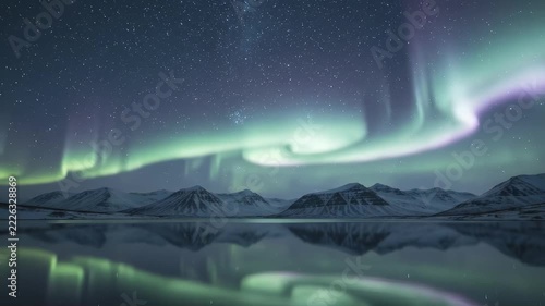 Green and Violet Northern Lights Reflecting in Mountain Lake