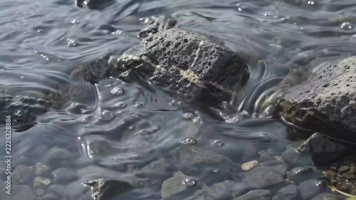 Clear Stream Flowing Over Dark Volcanic Basalt Rocks