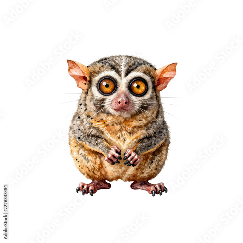Cute tarsier with big orange eyes and large ears stands on its feet