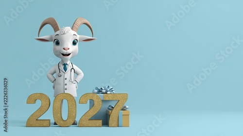 Cartoon goat doctor standing behind glittering 2021 numbers with gift boxes against a blue background, festive holiday illustration