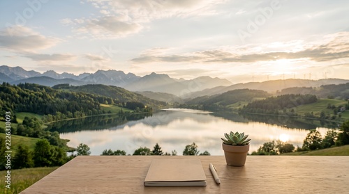 Serene Lake View From Cozy Wooden Terrace Sunrise
