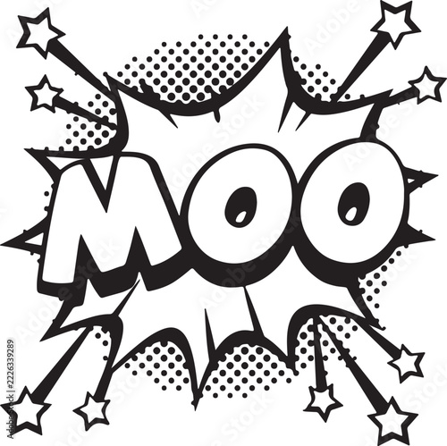 Comic book moo sound effect speech bubble stars and halftone dots in
