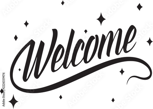 Festive welcome greeting with cursive text stars and elegant swirls