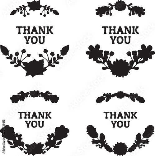 Thank you icon set featuring floral wreaths botanical branches and