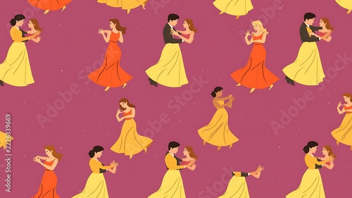 Seamless pattern featuring a couple dancing, woman in yellow and orange dresses, man in suit, on a dark purple background, flat style