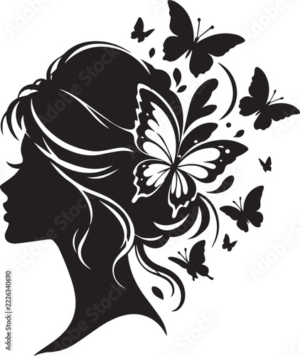 Women Profile Head with Butterfly Touch Elegant Feminine Silhouette Vector Illustration Design