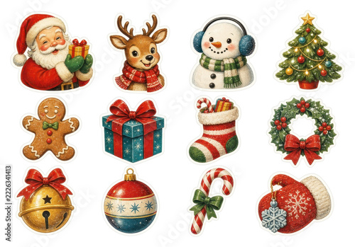 Festive Christmas clipart PNG set with Santa, snowman, reindeer, ornaments, transparent background