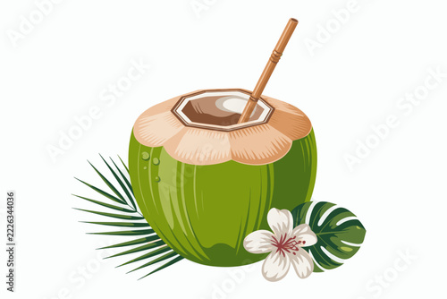 Tropical vacation features fresh coconut drink with straw, hibiscus flower, and palm leaf for summer resort branding.