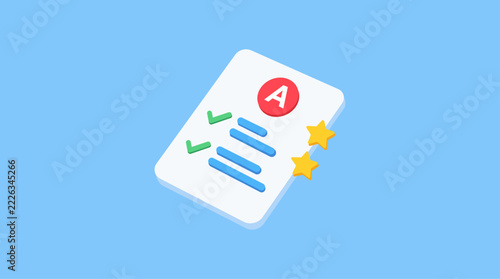 Exam paper with grade A and gold stars on blue background for academic excellence and education success