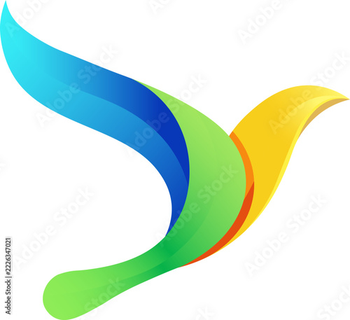 Abstract bird shape with flowing colorful ribbons in blue green yellow and orange for freedom