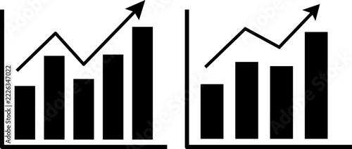 Bar graph charts showing financial growth and stock market trends with rising arrow for business analytics