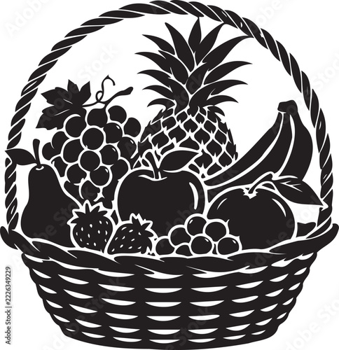 Fresh Fruits Black Silhouette with Basket Isolated on White Background Vector Illustration