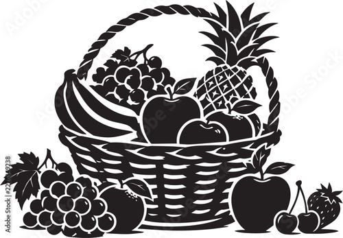 Fresh Fruits Black Silhouette with Basket Isolated on White Background Vector Illustration