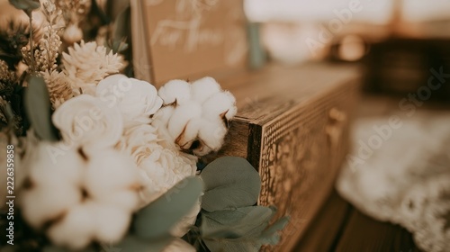 Minimalist wedding card and love letter with cotton blooms and greenery