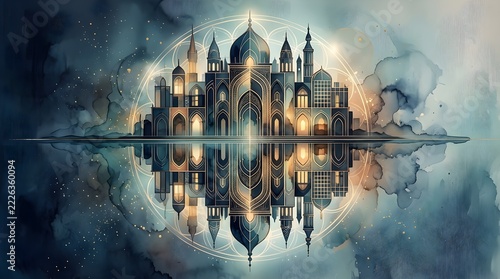 Mystical palace architecture reflected in layered water with depth of field glow effects