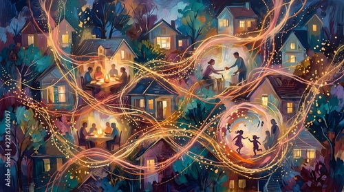 Neighborhood scenes connected by golden glowing threads warm suburban evening digital art