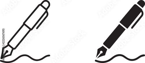 Black outline and solid fountain pen writing icons for creative vector illustration designs.