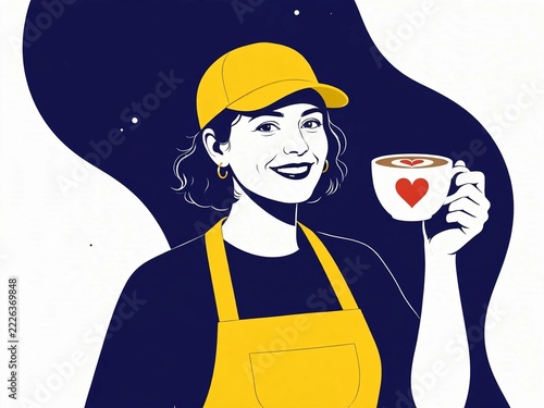 Minimal vector portrait of a barista holding a latte art coffee cup