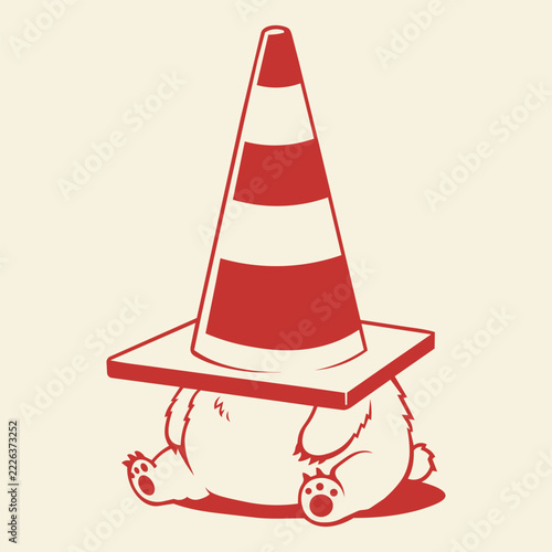 Funny illustration of a bear squished under a traffic cone