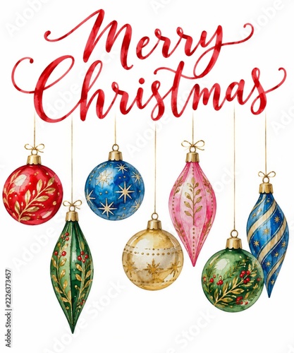 Colorful Watercolor Christmas Baubles Hanging beneath Handwritten Holiday Wishes