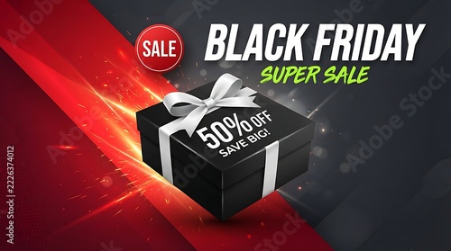 Dramatic black friday super sale advertisement with gift box and fiery background