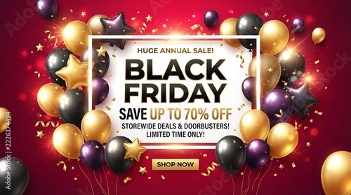 Black friday sale advertisement with festive balloons and sparkling red background