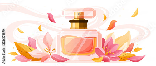 Bannière parfum de luxe : flacon en verre élégant entouré de pétales floraux et de brume parfumée, isolée sur fond blanc