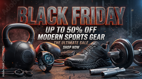 professional modern power sports equipment with heavy kettlebell sneakers and dumbbells on ultimate black friday sale with discounts up to fifty percent