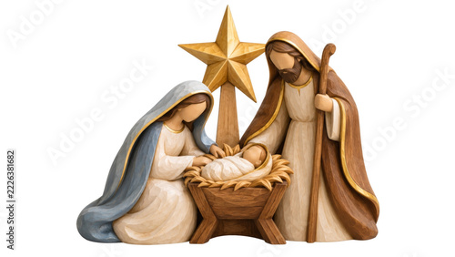Christmas nativity sculpture with a carved wooden holy family, baby in a manger and gold star, showing faceted robes and a wooden staff on white for church publications and devotional greeting design