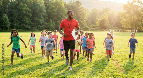 Outdoor children sprint race, black male teacher leading group of young students running across green grass field during physical education lesson with golden sunlight
