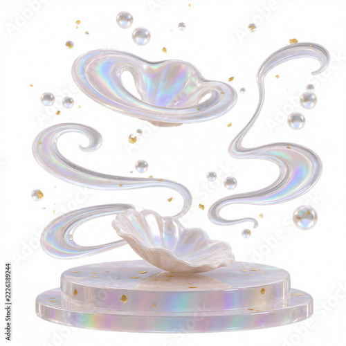 Iridescent Pearl Shell and Bubbles on Podium Isolated on Transparent Background