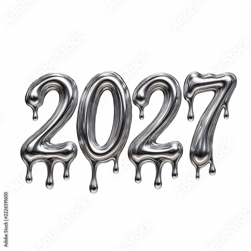 Isolated 3D Metallic Silver Melting Number 2027 Graphic on Transparent Background