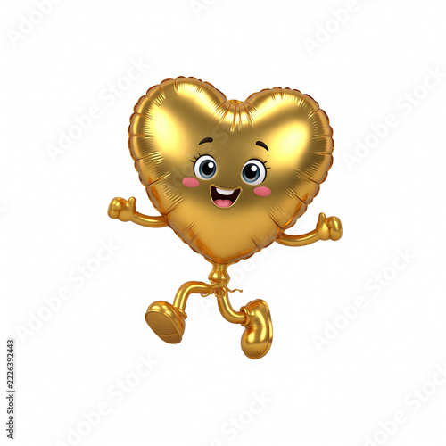 Cute Golden Heart Balloon Character Running Isolated on Transparent Background