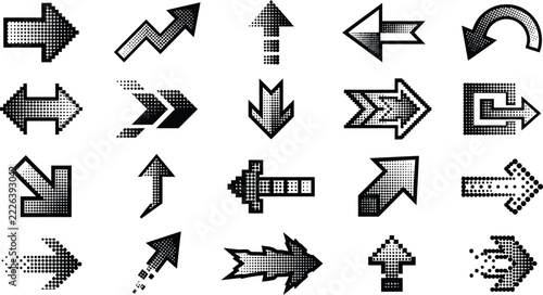 Set of pixelated halftone arrows with various directions and designs in retro vector style
