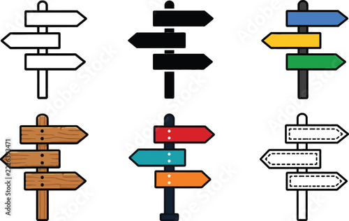 Set of six directional signpost icons in different styles and colors on a white background
